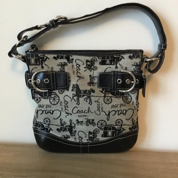 Coach Signature Horse & Carriage Jacquard & Black Leather Shoulder Bag No. 14441 - Picture 1 of 11